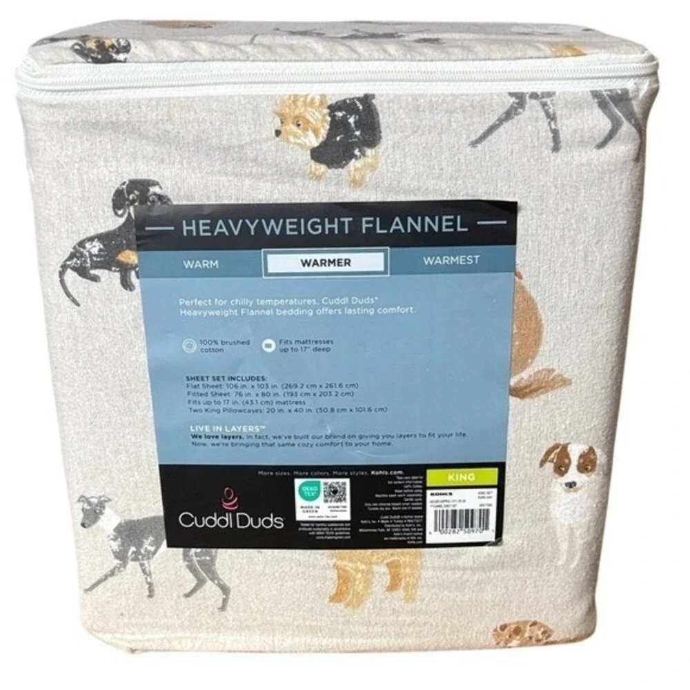 Cuddl Duds Dog Toss Heavyweight Flannel King Sheet Set Winter GIFT NEW
